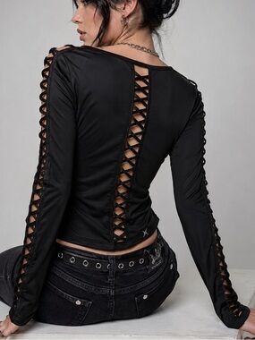 EXP Core Performance Black Cutout Long Sleeve Top Goth Y2K S